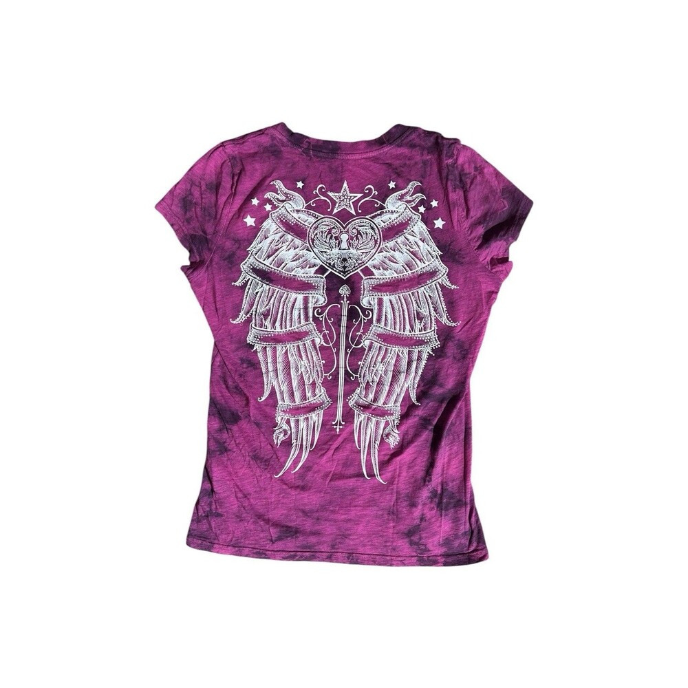 Sinful by Affliction Pink Gothic Angel Wings Shirt Womens Medium Y2K Rhinestone